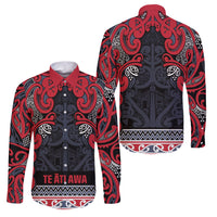 Aotearoa Iwi Te ati Awa Family Matching Off Shoulder Short Dress and Hawaiian Shirt Maori Wharenui House Tribal Pattern LT9 Dad's Shirt - Long Sleeve Bright Red - Polynesian Pride