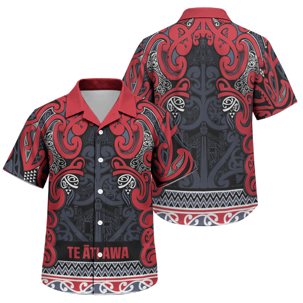 Aotearoa Iwi Te ati Awa Family Matching Off Shoulder Short Dress and Hawaiian Shirt Maori Wharenui House Tribal Pattern LT9 Son's Shirt Bright Red - Polynesian Pride