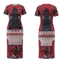 Aotearoa Iwi Te ati Awa Family Matching Short Sleeve Bodycon Dress and Hawaiian Shirt Maori Wharenui House Tribal Pattern LT9 Mom's Dress Bright Red - Polynesian Pride