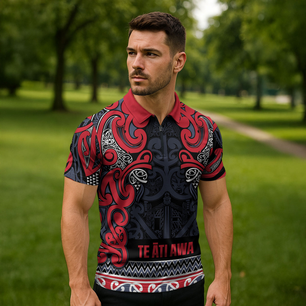 Aotearoa Iwi Te ati Awa Zipper Polo Shirt Maori Wharenui House Tribal Pattern LT9 - Polynesian Pride