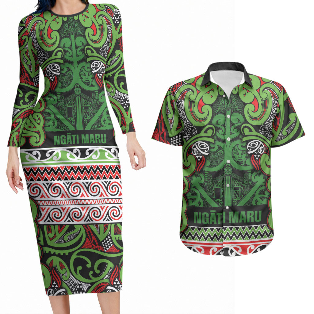 Aotearoa Iwi Ngati Maru Hauraki Couples Matching Long Sleeve Bodycon Dress and Hawaiian Shirt Maori Wharenui House Tribal Pattern LT9 Green Red - Polynesian Pride