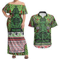 Aotearoa Iwi Ngati Maru Hauraki Couples Matching Off Shoulder Maxi Dress and Hawaiian Shirt Maori Wharenui House Tribal Pattern LT9 Green Red - Polynesian Pride