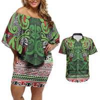Aotearoa Iwi Ngati Maru Hauraki Couples Matching Off Shoulder Short Dress and Hawaiian Shirt Maori Wharenui House Tribal Pattern LT9 Green Red - Polynesian Pride