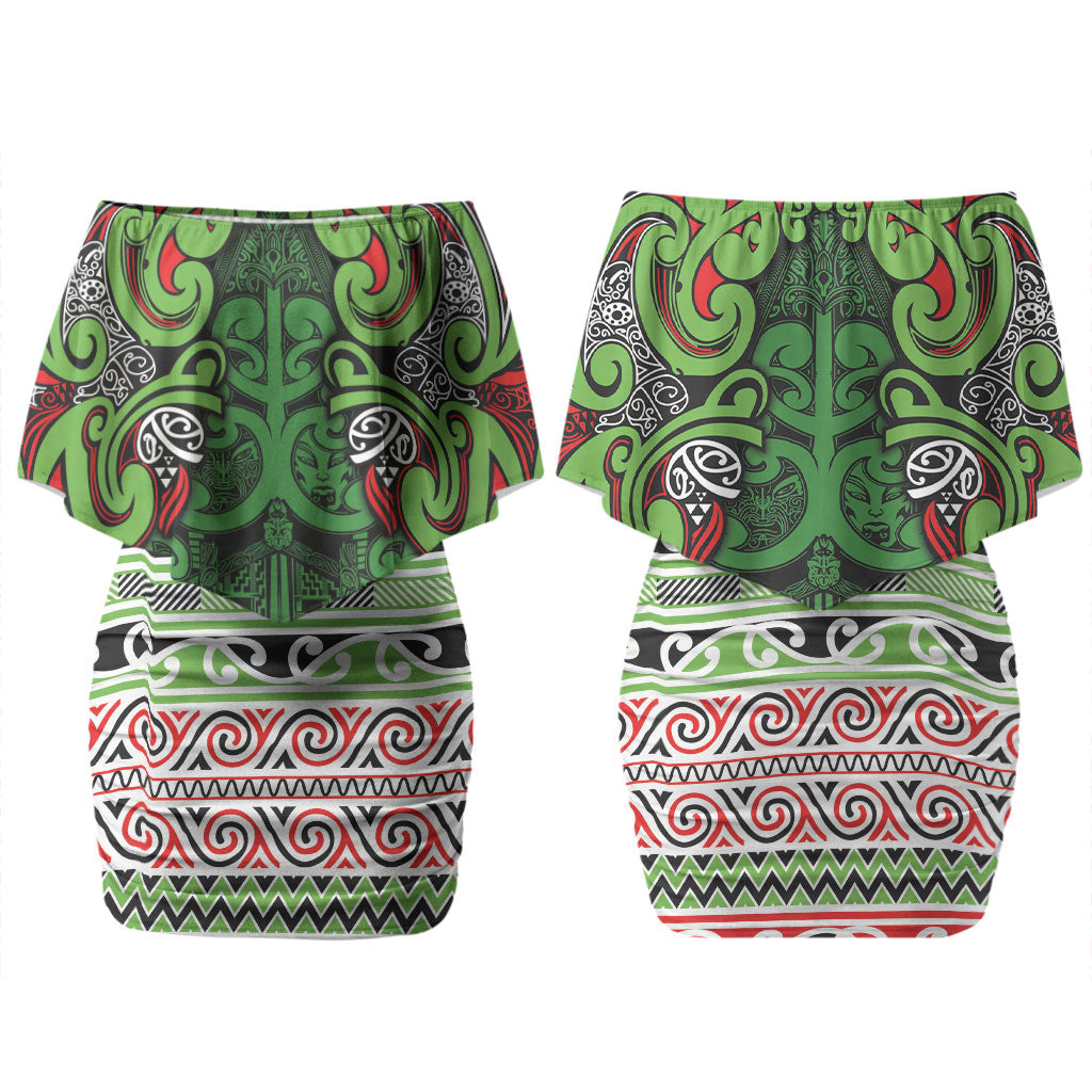 Aotearoa Iwi Ngati Maru Hauraki Couples Matching Off Shoulder Short Dress and Hawaiian Shirt Maori Wharenui House Tribal Pattern LT9 - Polynesian Pride