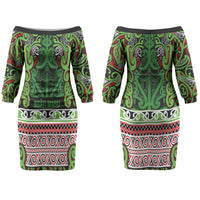 Aotearoa Iwi Ngati Maru Hauraki Couples Matching Off The Shoulder Long Sleeve Dress and Long Sleeve Button Shirt Maori Wharenui House Tribal Pattern LT9 - Polynesian Pride
