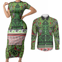 Aotearoa Iwi Ngati Maru Hauraki Couples Matching Short Sleeve Bodycon Dress and Long Sleeve Button Shirt Maori Wharenui House Tribal Pattern LT9 Green Red - Polynesian Pride