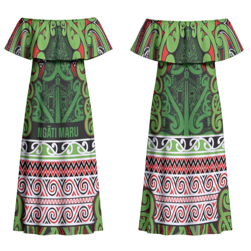 Aotearoa Iwi Ngati Maru Hauraki Family Matching Off Shoulder Maxi Dress and Hawaiian Shirt Maori Wharenui House Tribal Pattern LT9 Mom's Dress Green Red - Polynesian Pride