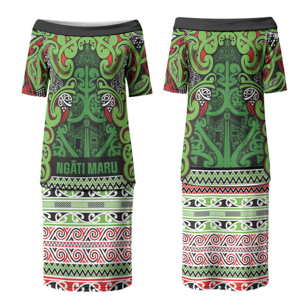 Aotearoa Iwi Ngati Maru Hauraki Family Matching Puletasi and Hawaiian Shirt Maori Wharenui House Tribal Pattern LT9 Mom's Dress Green Red - Polynesian Pride