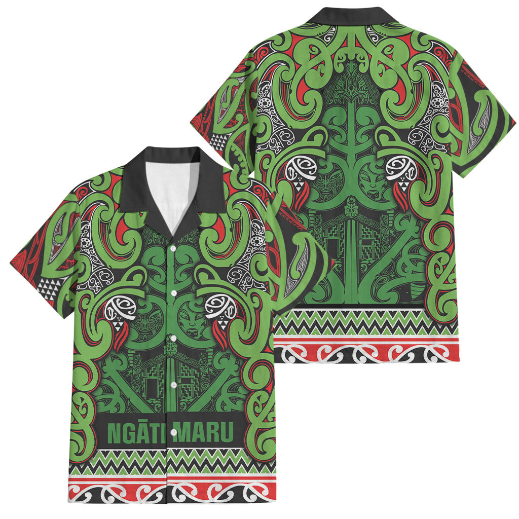 Aotearoa Iwi Ngati Maru Hauraki Family Matching Puletasi and Hawaiian Shirt Maori Wharenui House Tribal Pattern LT9 Dad's Shirt - Short Sleeve Green Red - Polynesian Pride