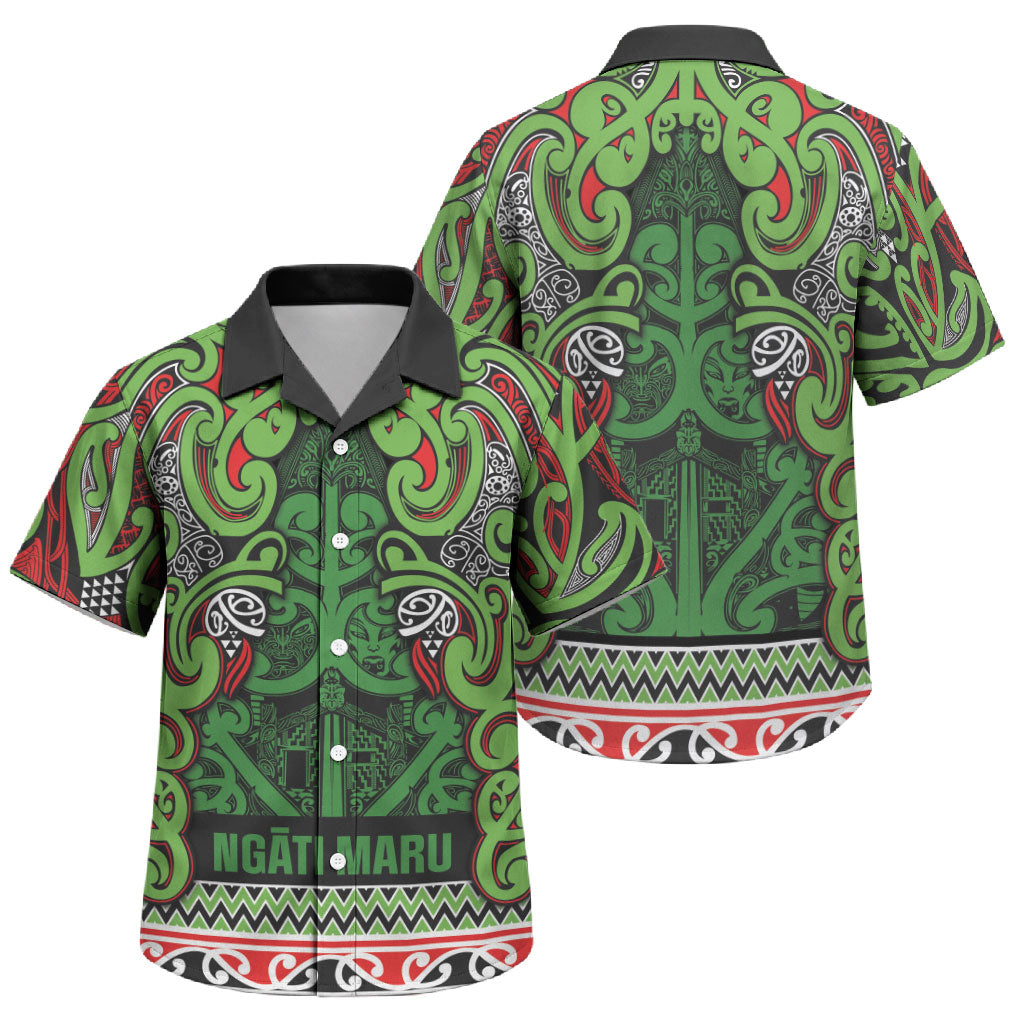 Aotearoa Iwi Ngati Maru Hauraki Family Matching Puletasi and Hawaiian Shirt Maori Wharenui House Tribal Pattern LT9 Son's Shirt Green Red - Polynesian Pride