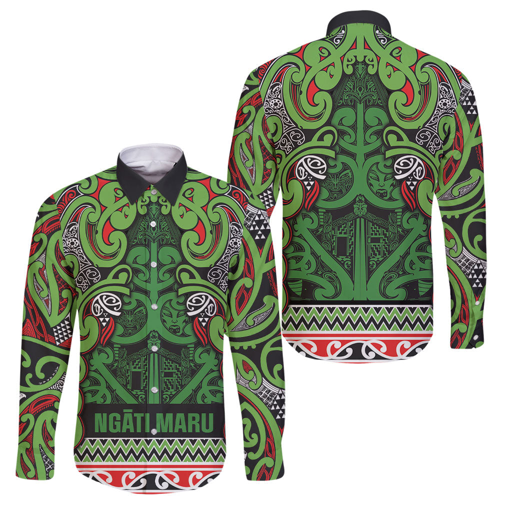 Aotearoa Iwi Ngati Maru Hauraki Family Matching Short Sleeve Bodycon Dress and Hawaiian Shirt Maori Wharenui House Tribal Pattern LT9 Dad's Shirt - Long Sleeve Green Red - Polynesian Pride