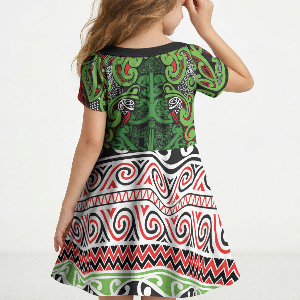 Aotearoa Iwi Ngati Maru Hauraki Kid Short Sleeve Dress Maori Wharenui House Tribal Pattern LT9 - Polynesian Pride