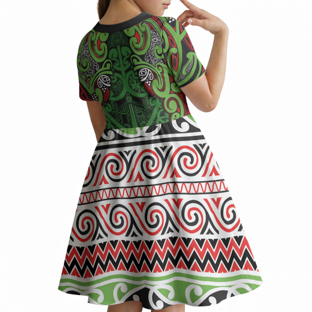 Aotearoa Iwi Ngati Maru Hauraki Kid Short Sleeve Dress Maori Wharenui House Tribal Pattern LT9 - Polynesian Pride