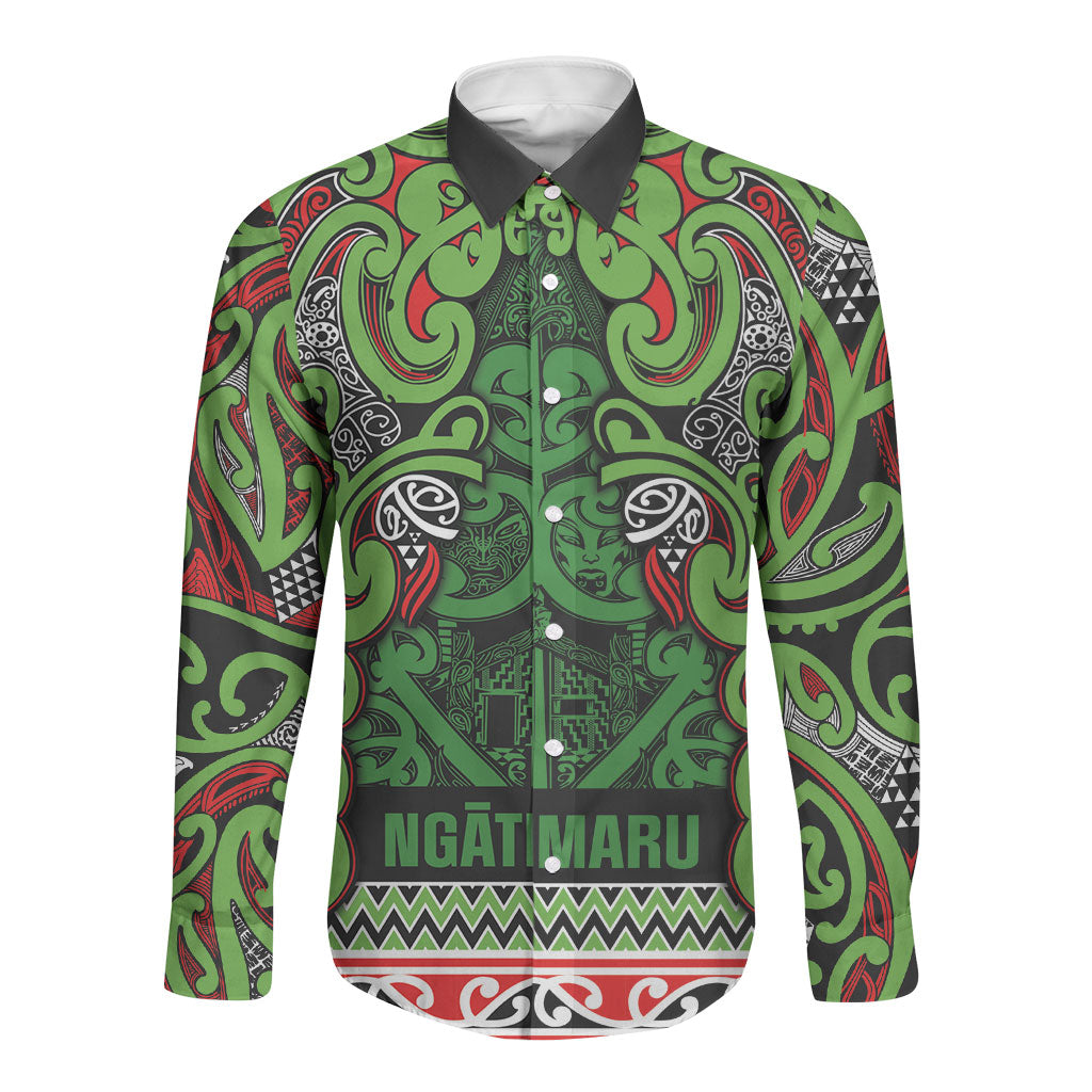 Aotearoa Iwi Ngati Maru Hauraki Long Sleeve Button Shirt Maori Wharenui House Tribal Pattern LT9 Unisex Green Red - Polynesian Pride