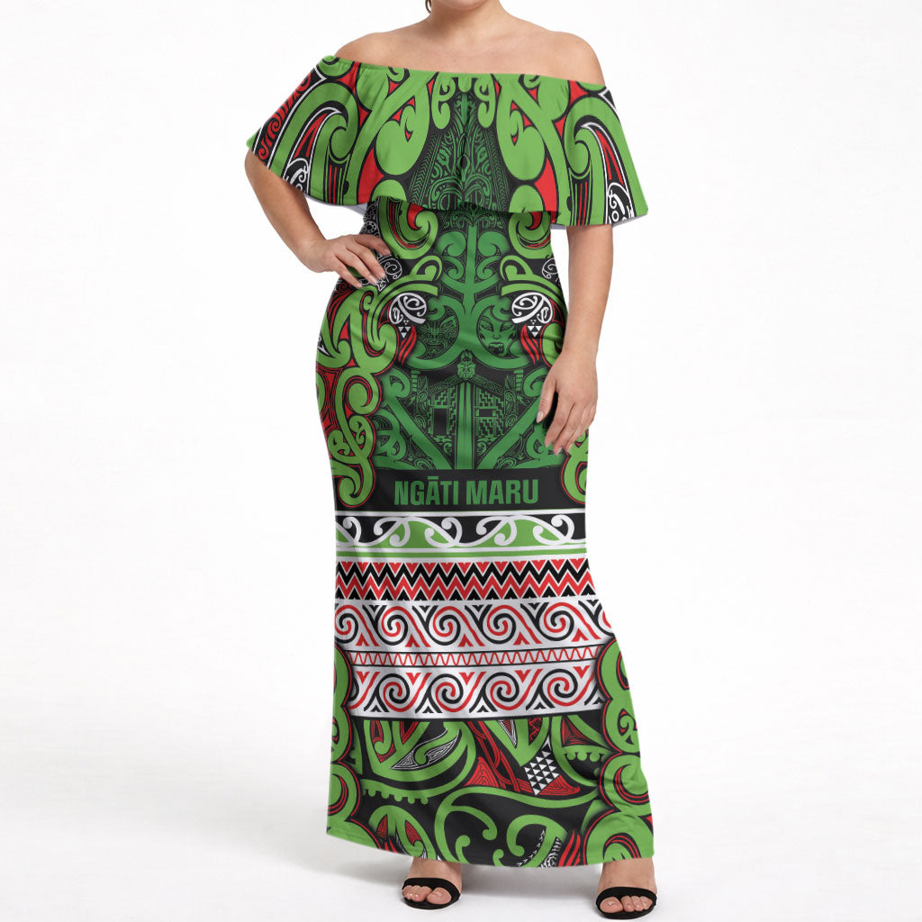 Aotearoa Iwi Ngati Maru Hauraki Off Shoulder Maxi Dress Maori Wharenui House Tribal Pattern LT9 Women Green Red - Polynesian Pride