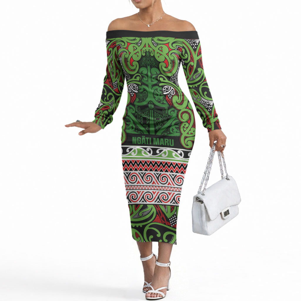 Aotearoa Iwi Ngati Maru Hauraki Off The Shoulder Long Sleeve Dress Maori Wharenui House Tribal Pattern LT9 Women Green Red - Polynesian Pride