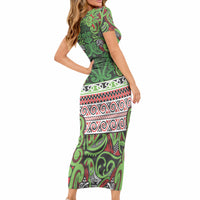 Aotearoa Iwi Ngati Maru Hauraki Short Sleeve Bodycon Dress Maori Wharenui House Tribal Pattern LT9 - Polynesian Pride