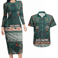 Aotearoa Iwi Ngāti Maru Taranaki Couples Matching Long Sleeve Bodycon Dress and Hawaiian Shirt Maori Wharenui House Tribal Pattern LT9 Deep Teal - Polynesian Pride