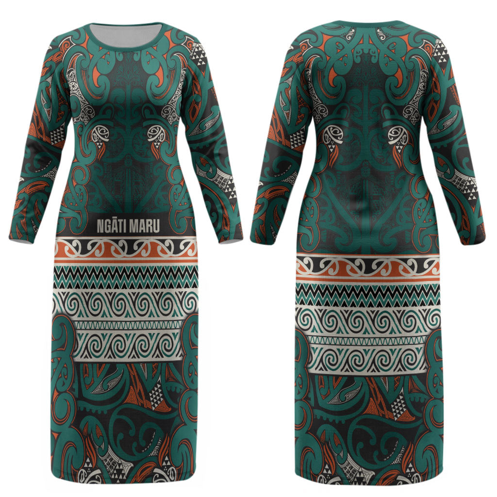 Aotearoa Iwi Ngāti Maru Taranaki Couples Matching Long Sleeve Bodycon Dress and Hawaiian Shirt Maori Wharenui House Tribal Pattern LT9 - Polynesian Pride