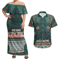 Aotearoa Iwi Ngāti Maru Taranaki Couples Matching Off Shoulder Maxi Dress and Hawaiian Shirt Maori Wharenui House Tribal Pattern LT9 Deep Teal - Polynesian Pride
