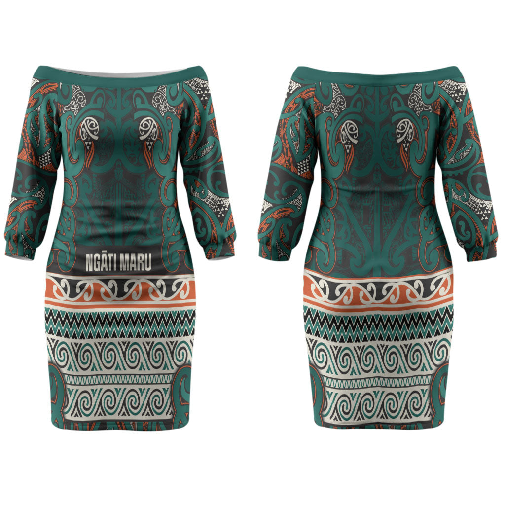 Aotearoa Iwi Ngāti Maru Taranaki Couples Matching Off The Shoulder Long Sleeve Dress and Long Sleeve Button Shirt Maori Wharenui House Tribal Pattern LT9 - Polynesian Pride