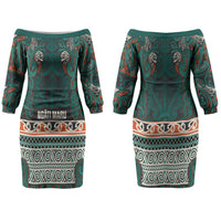 Aotearoa Iwi Ngāti Maru Taranaki Couples Matching Off The Shoulder Long Sleeve Dress and Long Sleeve Button Shirt Maori Wharenui House Tribal Pattern LT9 - Polynesian Pride
