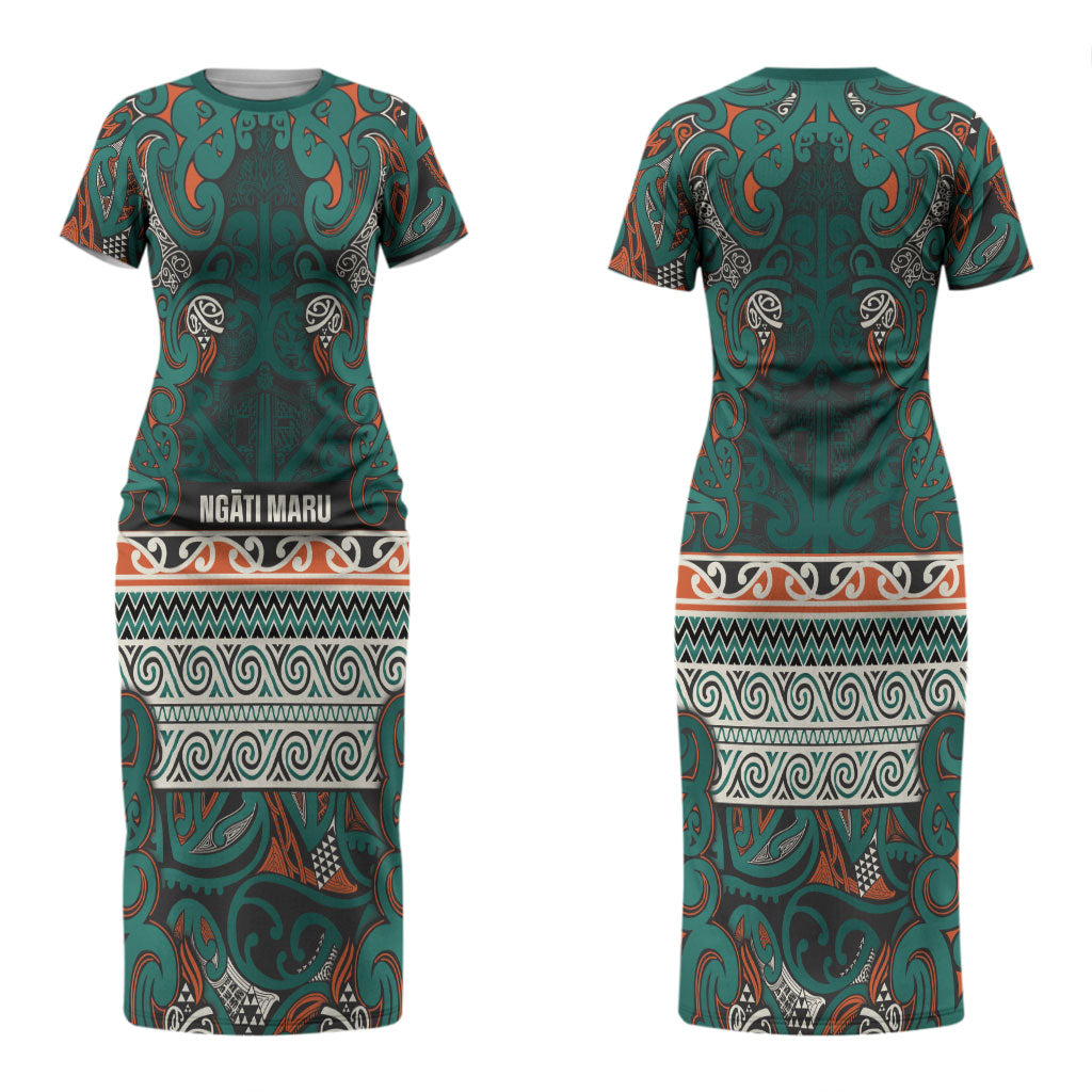 Aotearoa Iwi Ngāti Maru Taranaki Couples Matching Short Sleeve Bodycon Dress and Hawaiian Shirt Maori Wharenui House Tribal Pattern LT9 - Polynesian Pride
