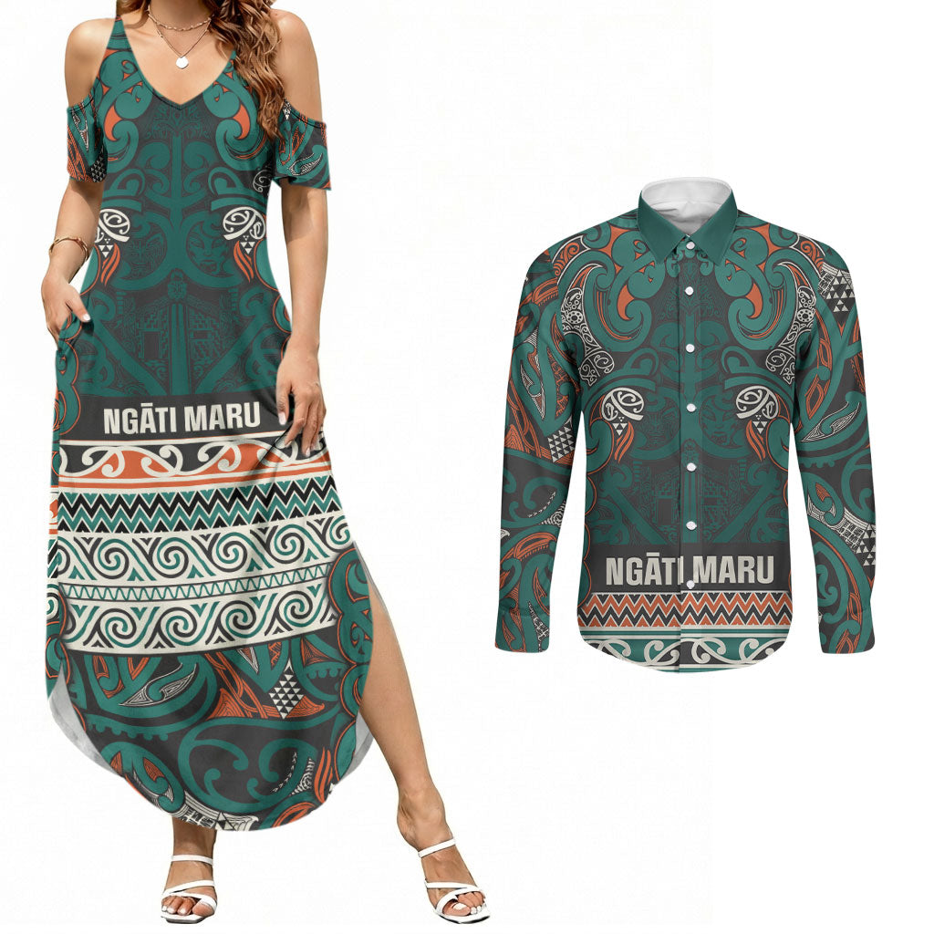 Aotearoa Iwi Ngāti Maru Taranaki Couples Matching Summer Maxi Dress and Long Sleeve Button Shirt Maori Wharenui House Tribal Pattern LT9 Deep Teal - Polynesian Pride