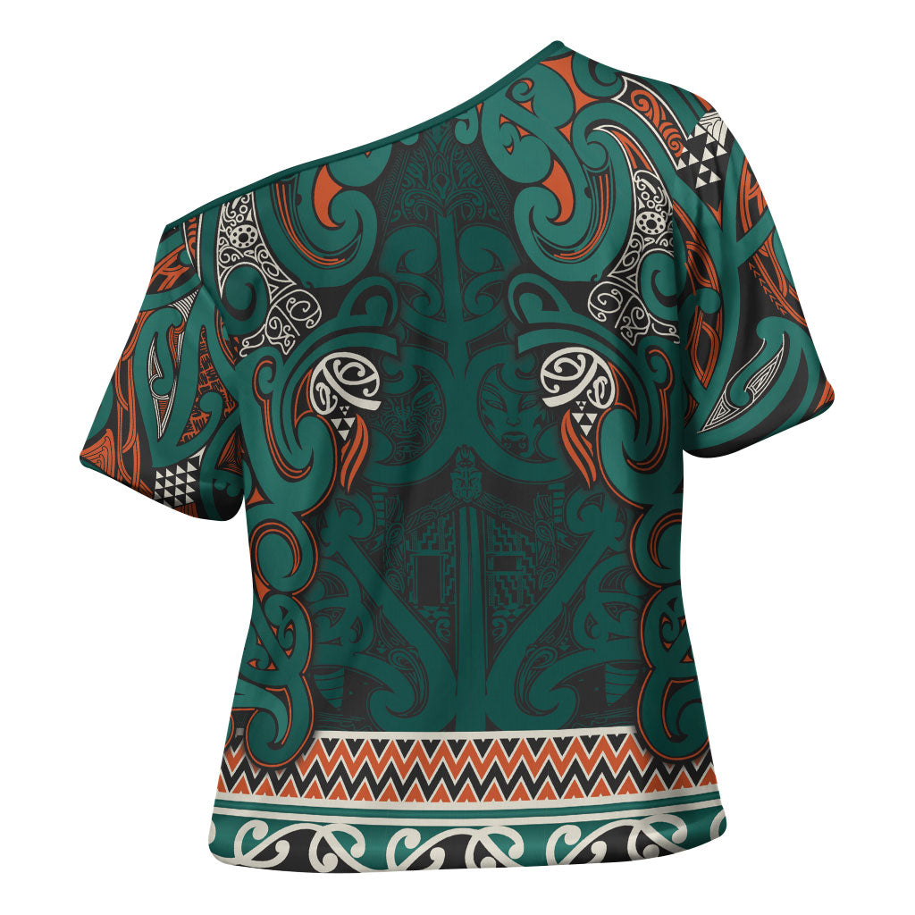 Aotearoa Iwi Ngāti Maru Taranaki Cross Shoulder Shirt Maori Wharenui House Tribal Pattern LT9 - Polynesian Pride