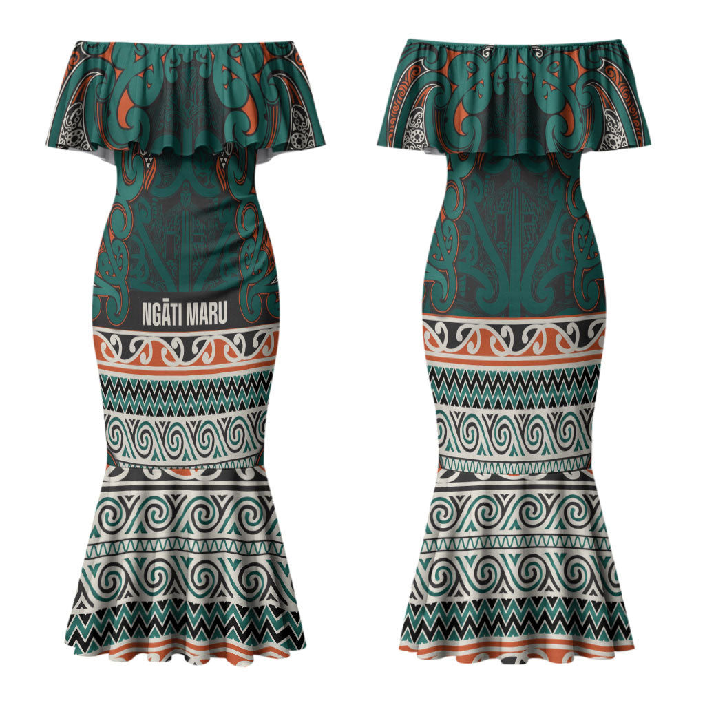 Aotearoa Iwi Ngāti Maru Taranaki Family Matching Mermaid Dress and Hawaiian Shirt Maori Wharenui House Tribal Pattern LT9 Mom's Dress Deep Teal - Polynesian Pride