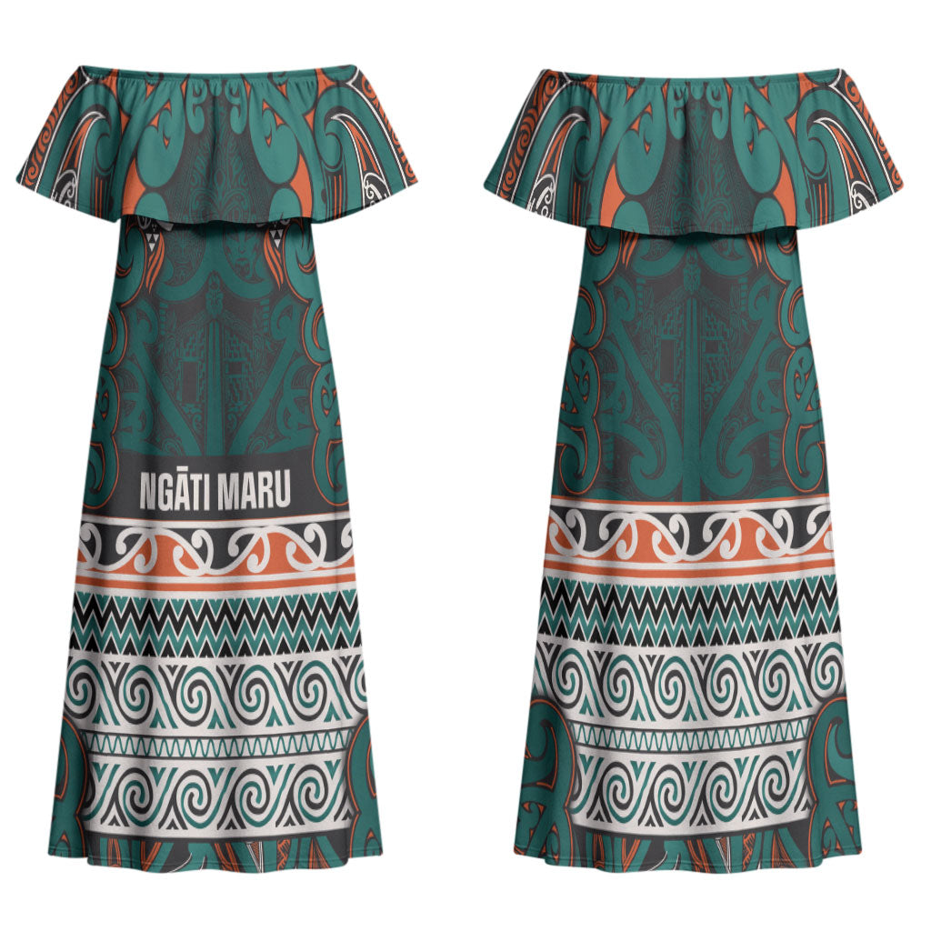 Aotearoa Iwi Ngāti Maru Taranaki Family Matching Off Shoulder Maxi Dress and Hawaiian Shirt Maori Wharenui House Tribal Pattern LT9 Mom's Dress Deep Teal - Polynesian Pride