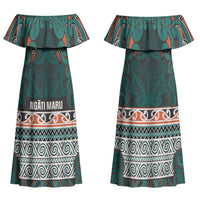 Aotearoa Iwi Ngāti Maru Taranaki Family Matching Off Shoulder Maxi Dress and Hawaiian Shirt Maori Wharenui House Tribal Pattern LT9 Mom's Dress Deep Teal - Polynesian Pride