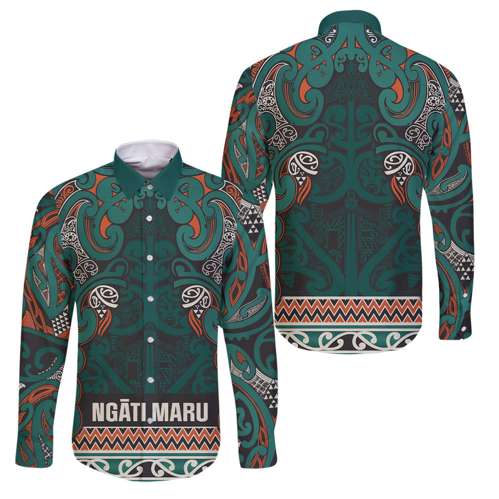 Aotearoa Iwi Ngāti Maru Taranaki Family Matching Off Shoulder Maxi Dress and Hawaiian Shirt Maori Wharenui House Tribal Pattern LT9 Dad's Shirt - Long Sleeve Deep Teal - Polynesian Pride