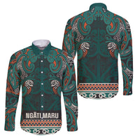 Aotearoa Iwi Ngāti Maru Taranaki Family Matching Off Shoulder Maxi Dress and Hawaiian Shirt Maori Wharenui House Tribal Pattern LT9 Dad's Shirt - Long Sleeve Deep Teal - Polynesian Pride