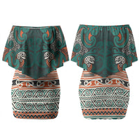 Aotearoa Iwi Ngāti Maru Taranaki Family Matching Off Shoulder Short Dress and Hawaiian Shirt Maori Wharenui House Tribal Pattern LT9 Mom's Dress Deep Teal - Polynesian Pride