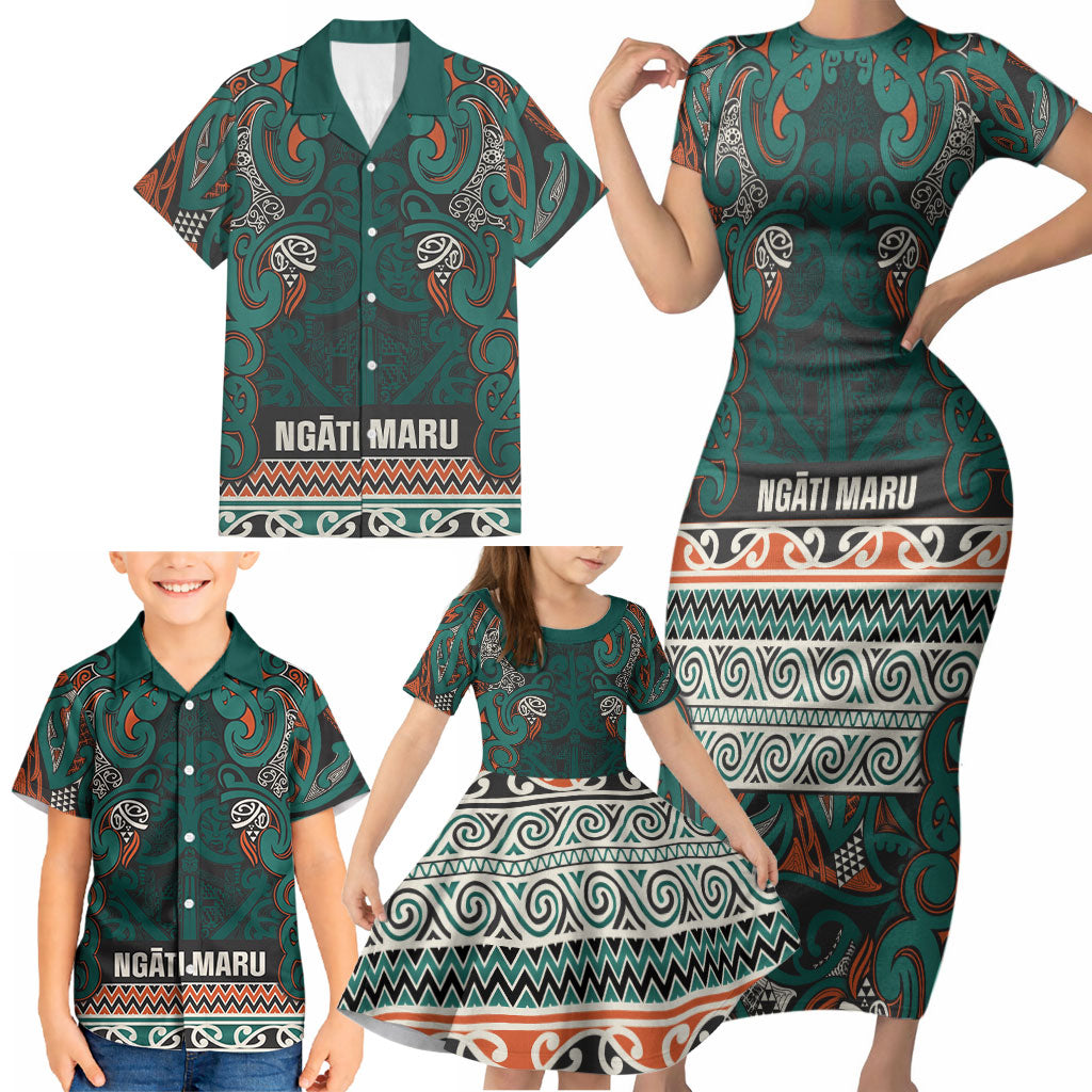 Aotearoa Iwi Ngāti Maru Taranaki Family Matching Short Sleeve Bodycon Dress and Hawaiian Shirt Maori Wharenui House Tribal Pattern LT9 - Polynesian Pride