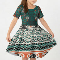 Aotearoa Iwi Ngāti Maru Taranaki Kid Short Sleeve Dress Maori Wharenui House Tribal Pattern LT9 KID Deep Teal - Polynesian Pride