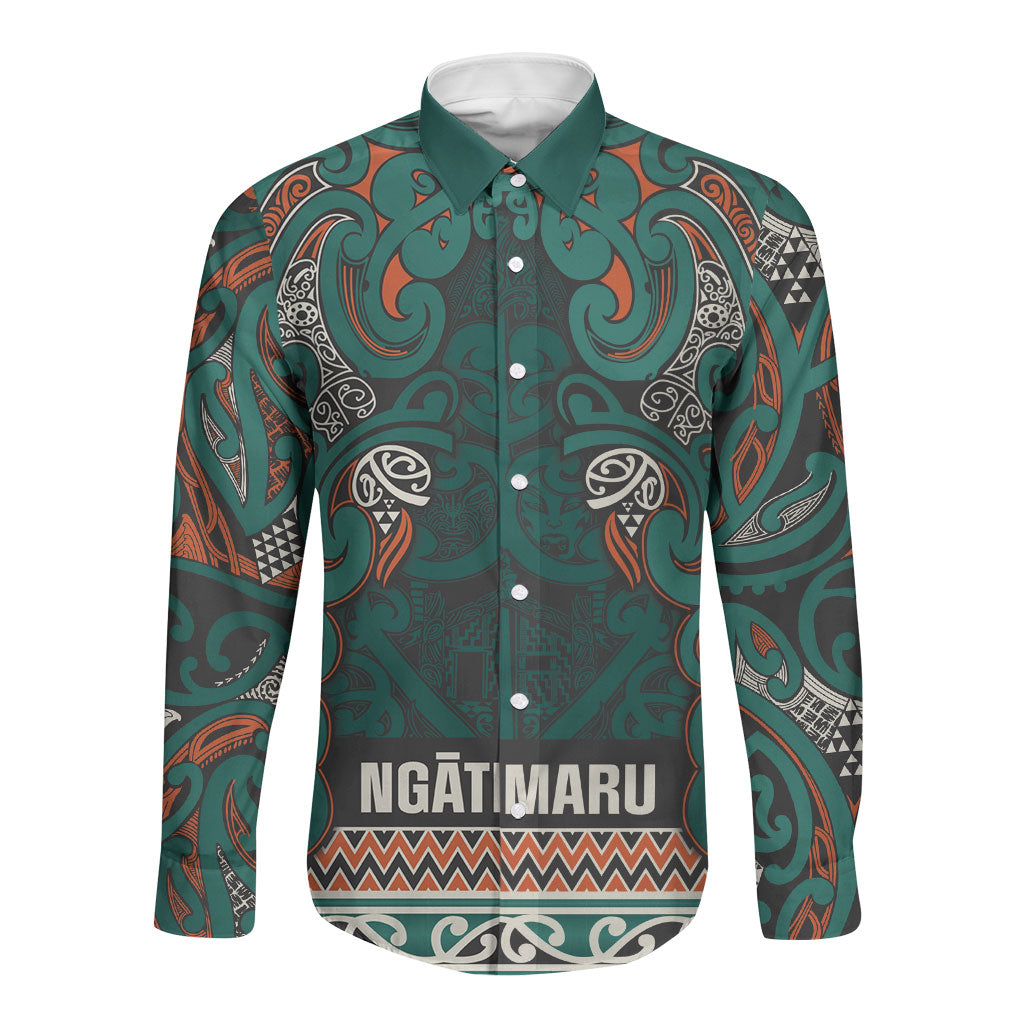 Aotearoa Iwi Ngāti Maru Taranaki Long Sleeve Button Shirt Maori Wharenui House Tribal Pattern LT9 Unisex Deep Teal - Polynesian Pride