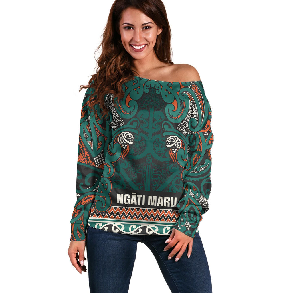 Aotearoa Iwi Ngāti Maru Taranaki Off Shoulder Sweater Maori Wharenui House Tribal Pattern LT9 Women Deep Teal - Polynesian Pride
