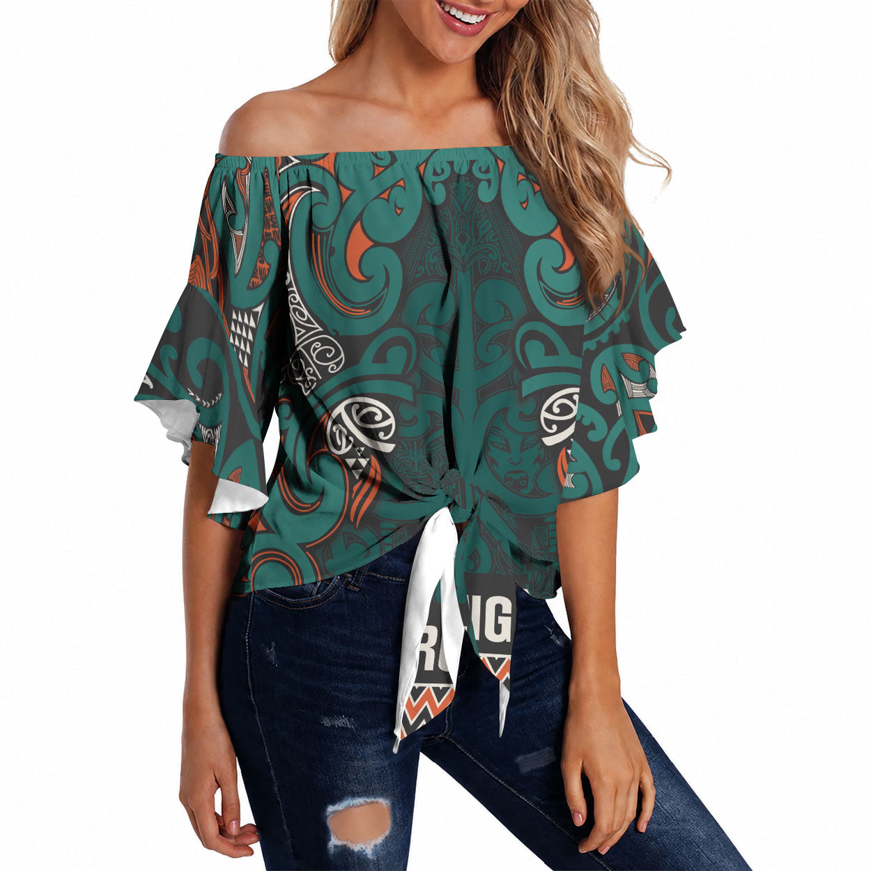 Aotearoa Iwi Ngāti Maru Taranaki Off Shoulder Wrap Waist Top Maori Wharenui House Tribal Pattern LT9 Deep Teal - Polynesian Pride
