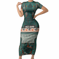 Aotearoa Iwi Ngāti Maru Taranaki Short Sleeve Bodycon Dress Maori Wharenui House Tribal Pattern LT9 Long Dress Deep Teal - Polynesian Pride