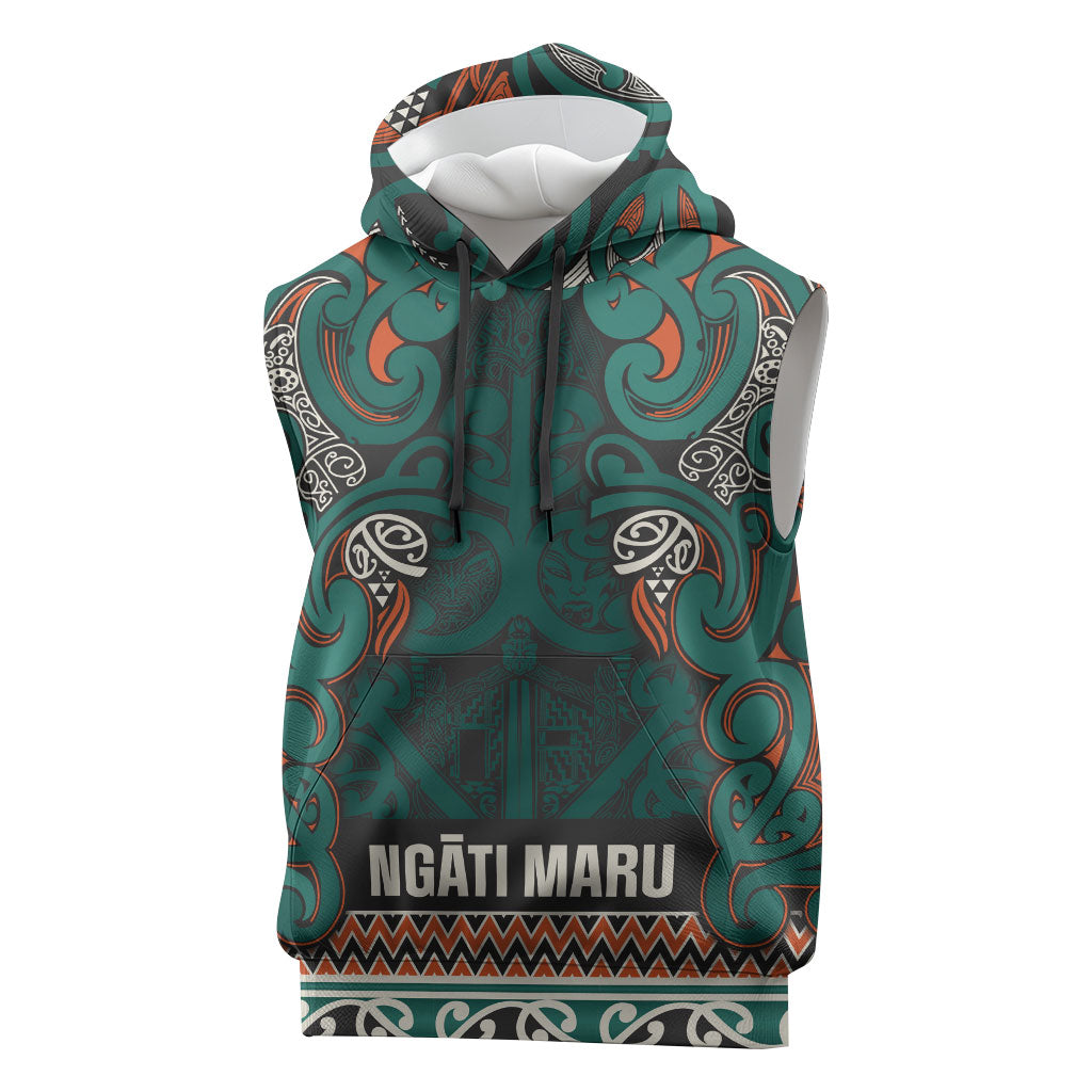 Aotearoa Iwi Ngāti Maru Taranaki Sleeveless Hoodie Maori Wharenui House Tribal Pattern LT9 Deep Teal - Polynesian Pride