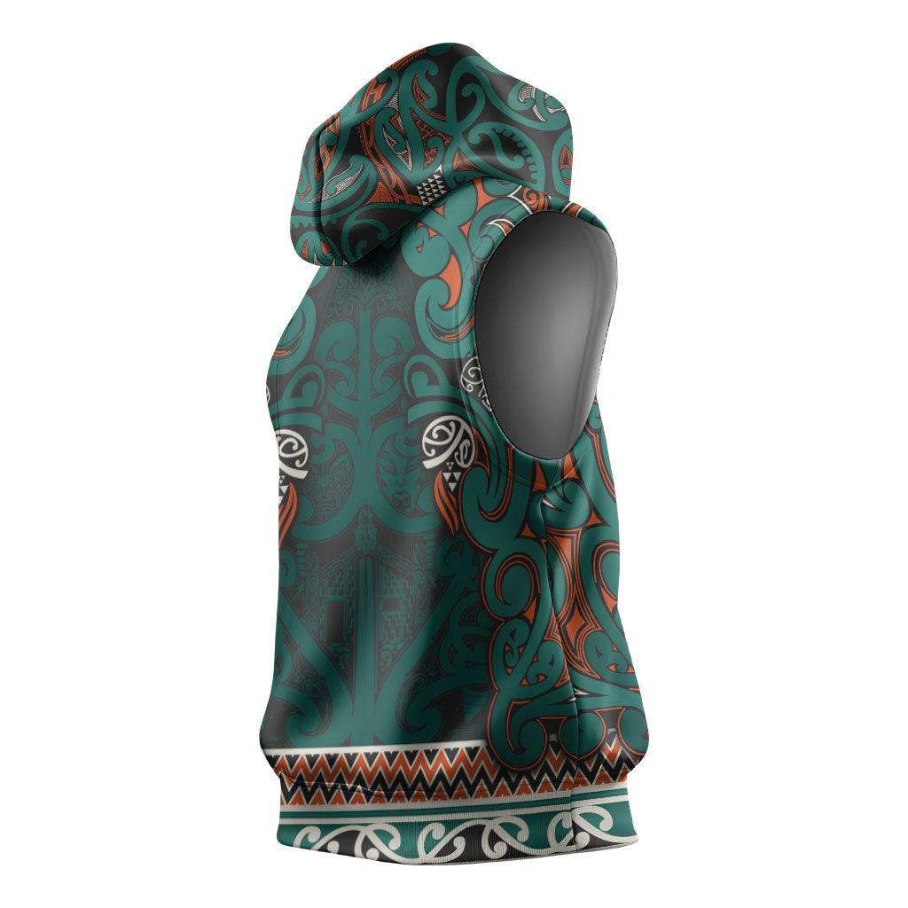 Aotearoa Iwi Ngāti Maru Taranaki Sleeveless Hoodie Maori Wharenui House Tribal Pattern LT9 - Polynesian Pride