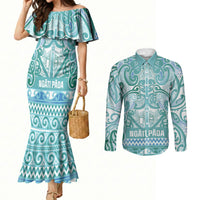 Aotearoa Iwi Ngati Paoa Couples Matching Mermaid Dress and Long Sleeve Button Shirt Maori Wharenui House Tribal Pattern LT9 Turquoise - Polynesian Pride