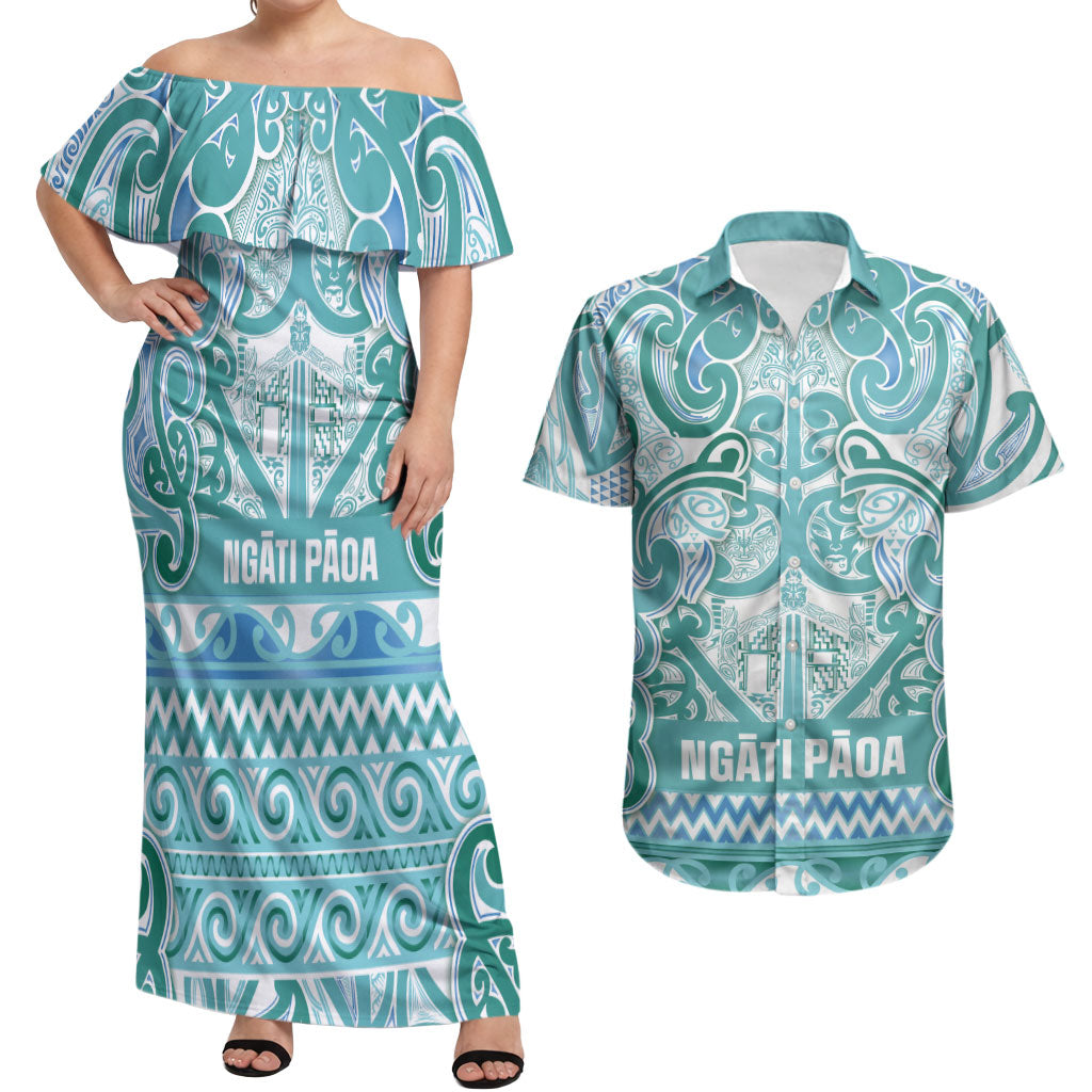 Aotearoa Iwi Ngati Paoa Couples Matching Off Shoulder Maxi Dress and Hawaiian Shirt Maori Wharenui House Tribal Pattern LT9 Turquoise - Polynesian Pride
