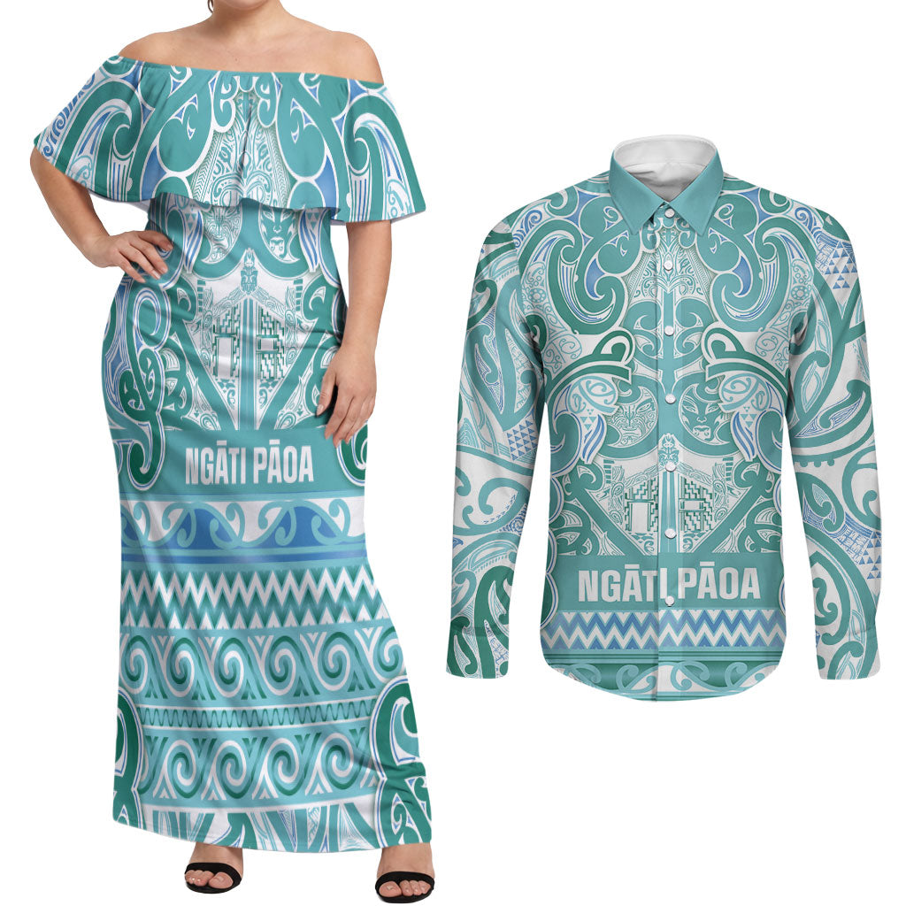 Aotearoa Iwi Ngati Paoa Couples Matching Off Shoulder Maxi Dress and Long Sleeve Button Shirt Maori Wharenui House Tribal Pattern LT9 Turquoise - Polynesian Pride