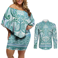 Aotearoa Iwi Ngati Paoa Couples Matching Off Shoulder Short Dress and Long Sleeve Button Shirt Maori Wharenui House Tribal Pattern LT9 Turquoise - Polynesian Pride
