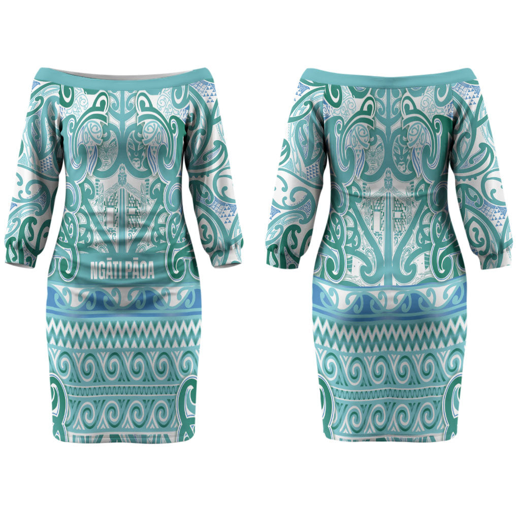 Aotearoa Iwi Ngati Paoa Couples Matching Off The Shoulder Long Sleeve Dress and Hawaiian Shirt Maori Wharenui House Tribal Pattern LT9 - Polynesian Pride