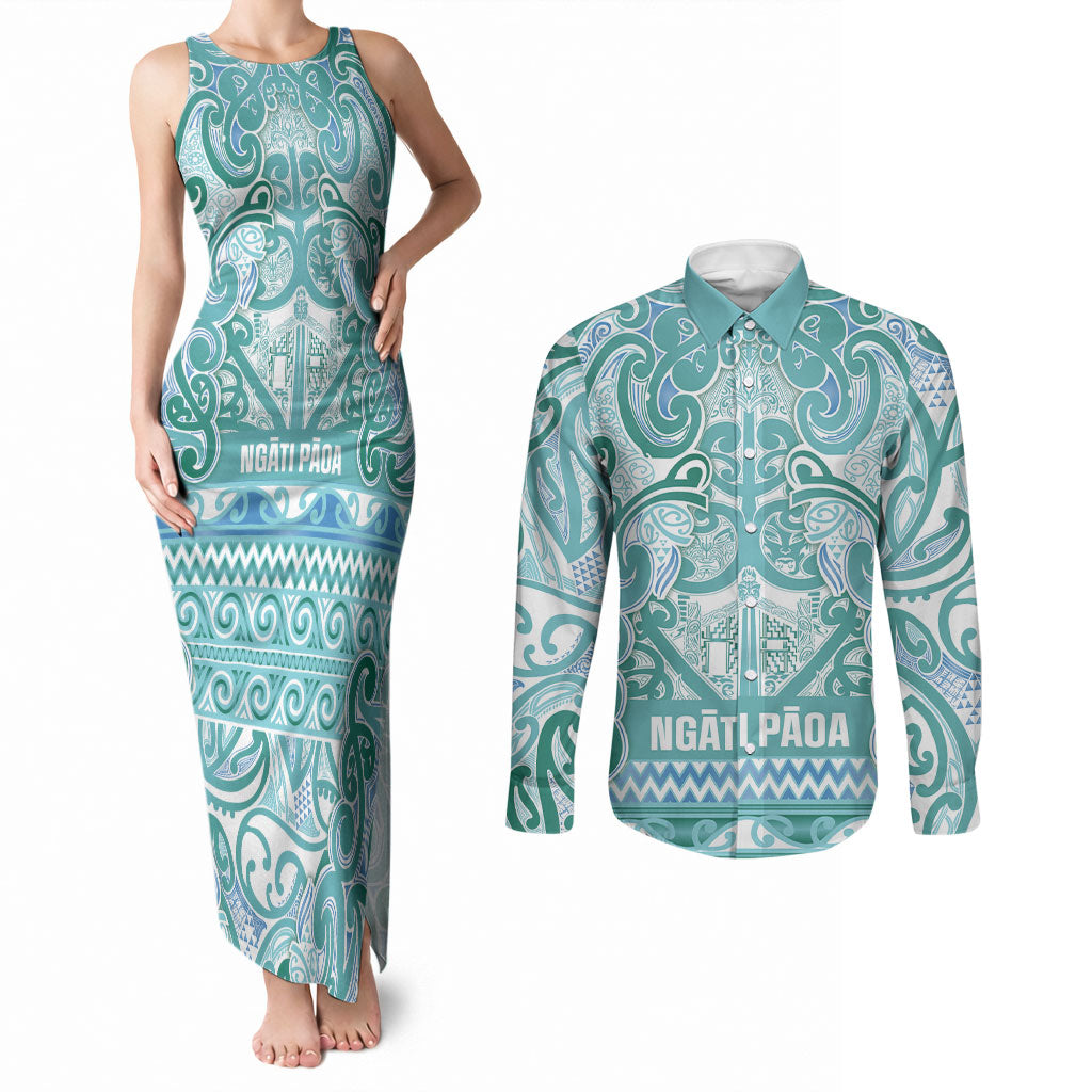 Aotearoa Iwi Ngati Paoa Couples Matching Tank Maxi Dress and Long Sleeve Button Shirt Maori Wharenui House Tribal Pattern LT9 Turquoise - Polynesian Pride
