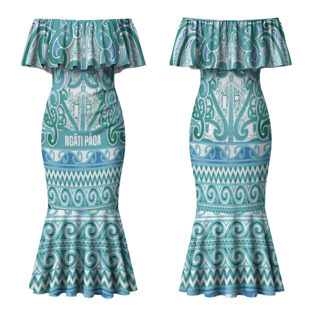 Aotearoa Iwi Ngati Paoa Family Matching Mermaid Dress and Hawaiian Shirt Maori Wharenui House Tribal Pattern LT9 Mom's Dress Turquoise - Polynesian Pride